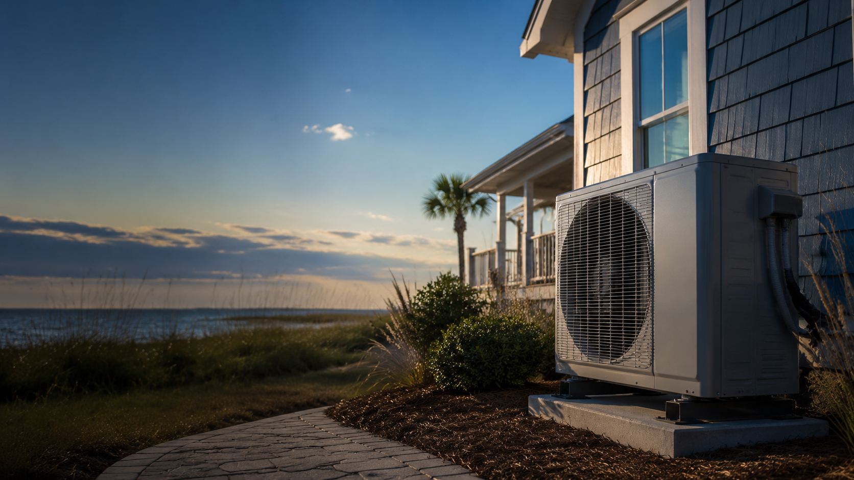 Modern heat pump outside a coastal South Carolina home